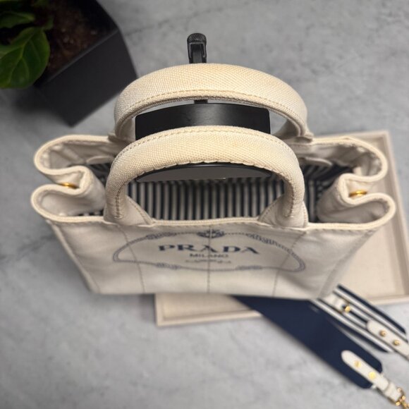 Prada Small White Canapa Logo Tote w/ Strap & Authenticity Certificate Card - Picture 5 of 16